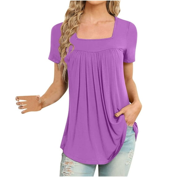 XMMSWDLA Womens Tops Casual Summer Square Neck Short Sleeve Tunic Shirts Loose Flowy Tunic Blouses Summer Tops for Teens