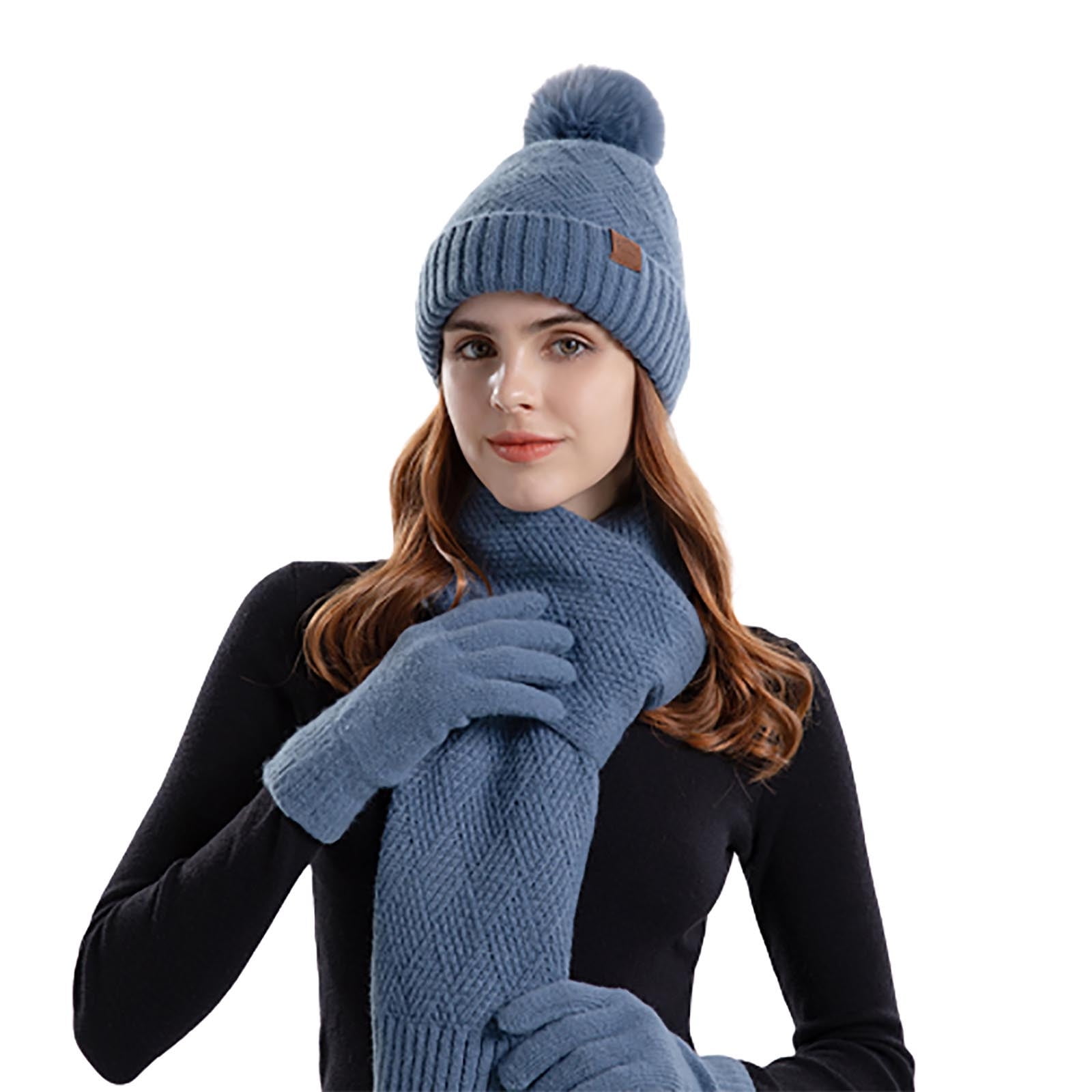 Women Winter Warm Knitted Plush Scarf Hat