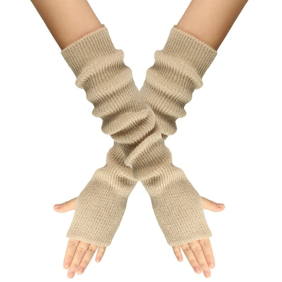 XMMSWDLA Womens Winter Warm Over Elbow Long Fingerless Thumb Hole Gloves Mittens Knitted Arm Warmer Leather Gloves For Women Beige