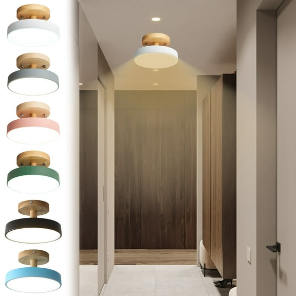 XMMSWDLA Wood LED Mount Ceiling Light, 2700K-3500K Modern Round Close to Ceiling Lighting Fixtures, Minimalist Ceiling Lamp for Bedroom, Kitchen, Hallway, Laundry Room