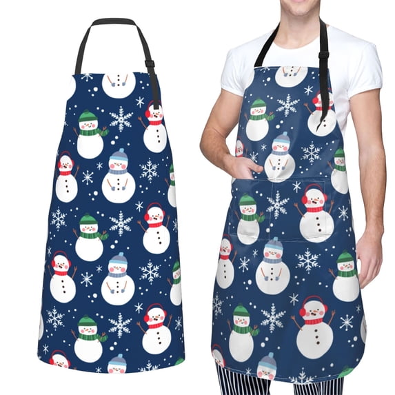 XMXT 1 Pcs Waterproof Kitchen Cooking Apron, Cute Snowman Blue Background Adjustable Aprons for Women Men with Pockets