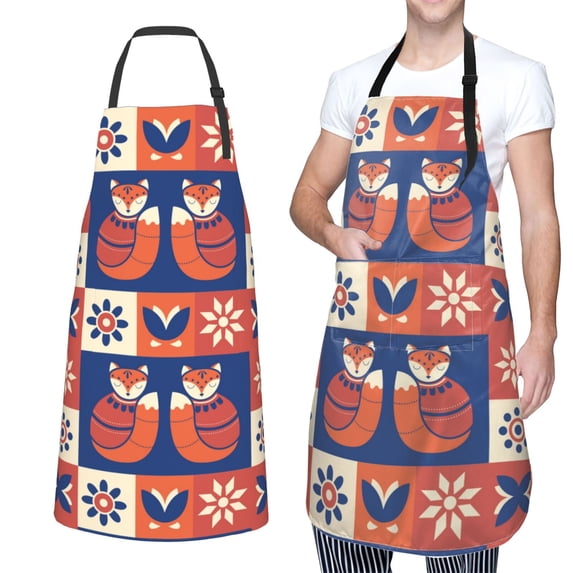 XMXT 1 Pcs Waterproof Kitchen Cooking Apron, Fox Decoration Pattern Adjustable Aprons for Women Men with Pockets
