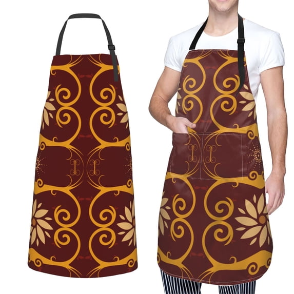 XMXT 1 Pcs Waterproof Kitchen Cooking Apron, Golden Floral Leaf Print Adjustable Aprons for Women Men with Pockets