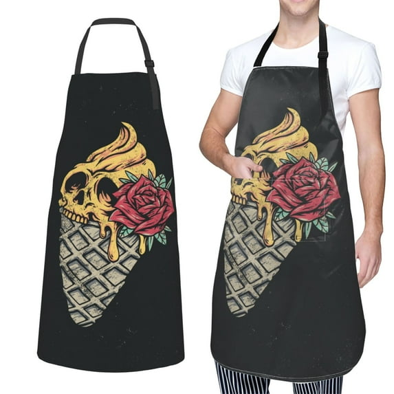 XMXT 1 Pcs Waterproof Kitchen Cooking Apron, Ice Cream Skull Print Adjustable Aprons for Women Men with Pockets