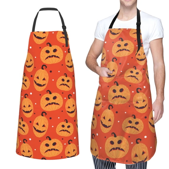 XMXT 1 Pcs Waterproof Kitchen Cooking Apron, Orange Pumpkin Ghost Faces Adjustable Aprons for Women Men with Pockets