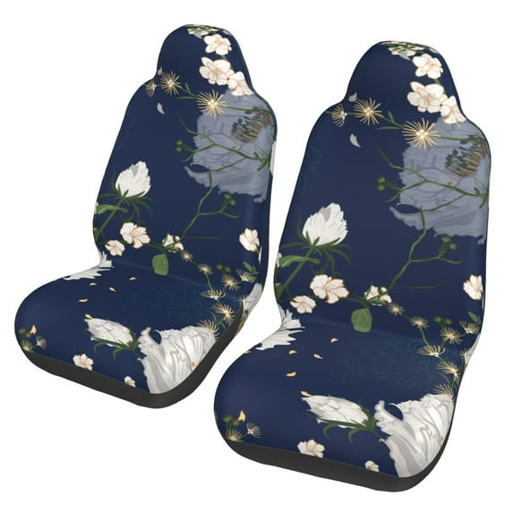 XMXT 2Pcs Car Seat Cover Decor Protector, Blooming White Florals Bucket Auto Front Seats Covers Fits for Cars SUVs Trucks, Universal Fit