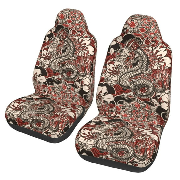 XMXT 2Pcs Car Seat Cover Decor Protector, Chinese Dragon Prints Bucket Auto Front Seats Covers Fits for Cars SUVs Trucks, Universal Fit