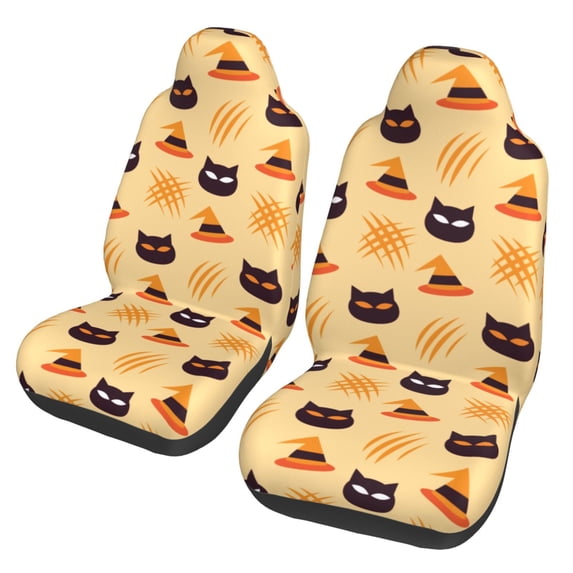 XMXT 2Pcs Car Seat Cover Decor Protector, Halloween Hat Cat Print Front Seat Covers for Cars SUVs, Universal Fit