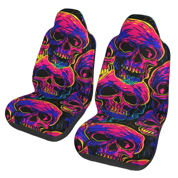XMXT 2Pcs Car Seat Cover Decor Protector, Neon Color Skull Bucket Auto Front Seats Covers Fits for Cars SUVs Trucks, Universal Fit