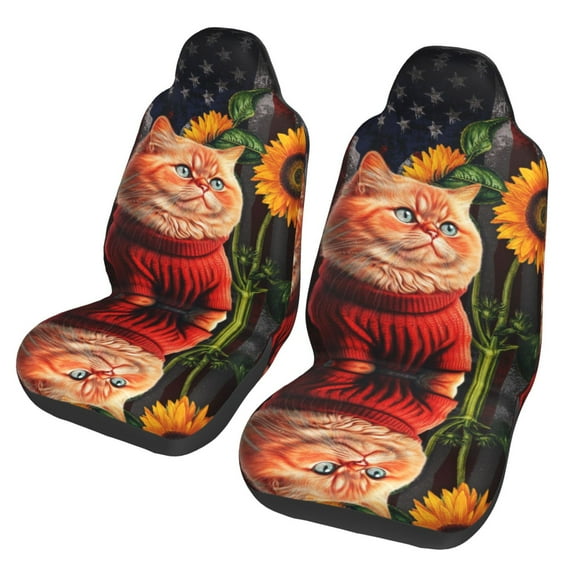 XMXT 2Pcs Car Seat Cover Decor Protector, Sunflower Cat Vintage Pattern Front Seat Covers for Cars SUVs, Universal Fit