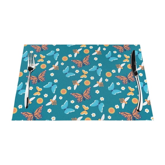 XMXT 6 Pcs PVC Woven Placemats, Blue Vintage Butterfly Stain Resistant Anti-Skid Place Mats for Dining Table, 12 x 18 inches