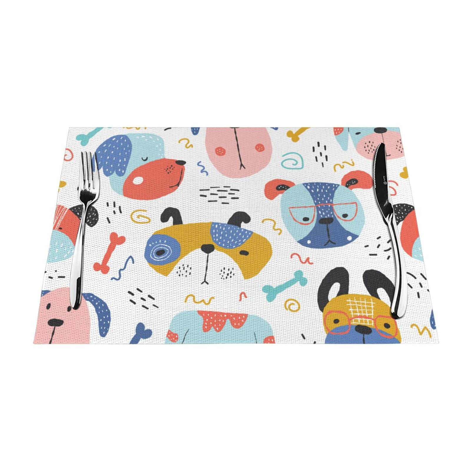 XMXT 6 Pcs PVC Woven Placemats, Cartoon Colorful Dogs Design Stain