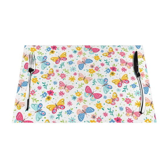XMXT 6 Pcs PVC Woven Placemats, Colorful Broken Flower Butterfly Stain Resistant Anti-Skid Place Mats for Dining Table, 12 x 18 inches