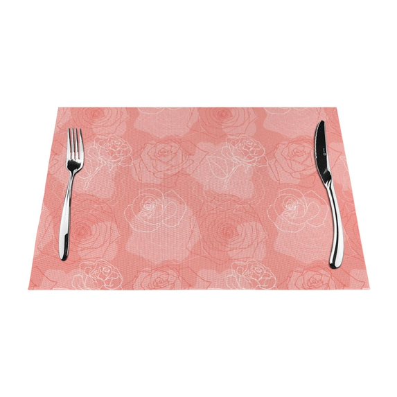 XMXT 6 Pcs PVC Woven Placemats, Two Color Line Drawing Rose Stain Resistant Anti-Skid Place Mats for Dining Table, 12 x 18 inches
