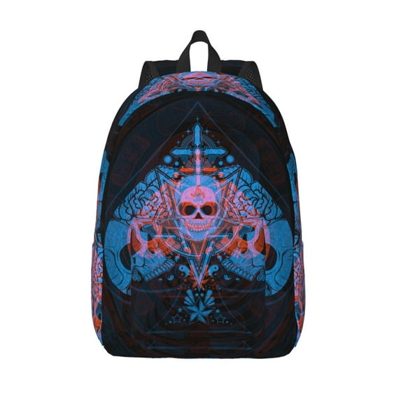 XMXT Backpack for School Work, Blue Skeleton Ace Print Canvas Bookbag Travel Bag for Women Men, s Black