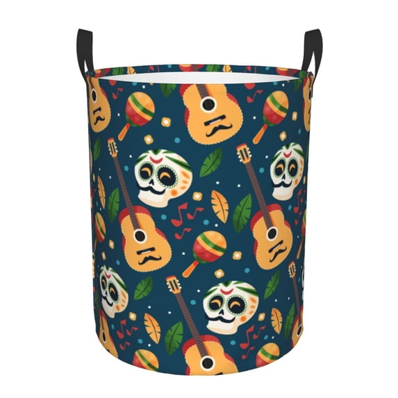 XMXT Collapsible Laundry Basket, Colorful Mexican Guitar Skull Polyester Waterproof Laundry Hampers Dirty Clothes Hamper, 40L