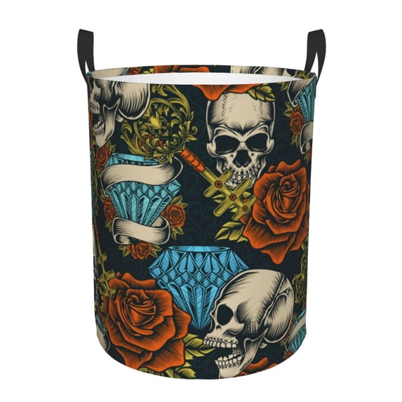 XMXT Collapsible Laundry Basket, Diamond Skull Rose Print Waterproof Laundry Hampers Storage Baskets Dirty Clothes Hamper, 40L