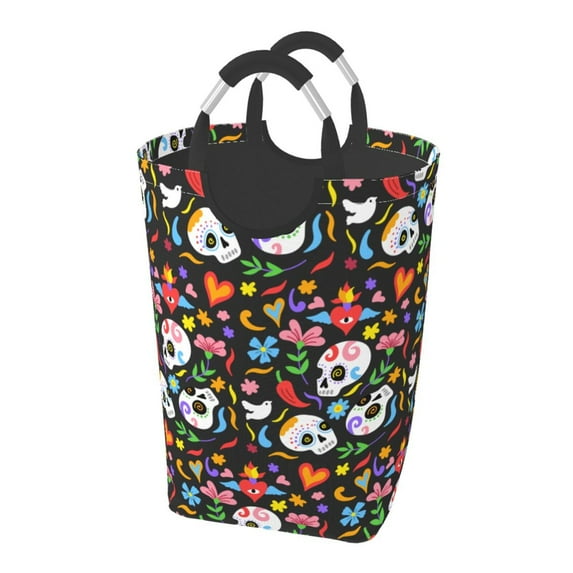 XMXT Collapsible Laundry Basket Hamper, Cute Skull Love Flower Large Laundry Bag Clothes Hamper with Aluminum Handle, 50L