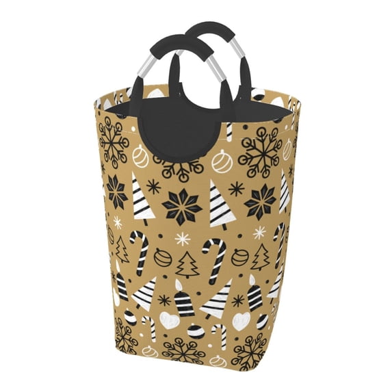 XMXT Collapsible Laundry Basket Hamper, Gold Christmas Elements Print Large Laundry Bag Clothes Hamper with Aluminum Handle, 50L