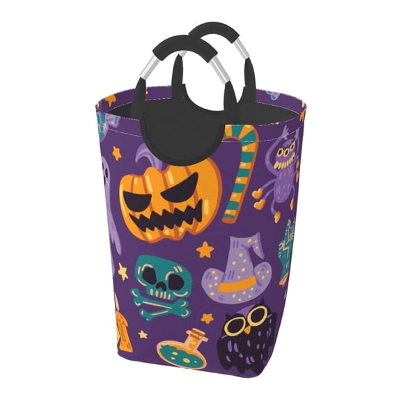 XMXT Collapsible Laundry Basket Hamper, Pumpkin Ghost Purple Background Large Laundry Bag Clothes Hamper with Aluminum Handle, 50L