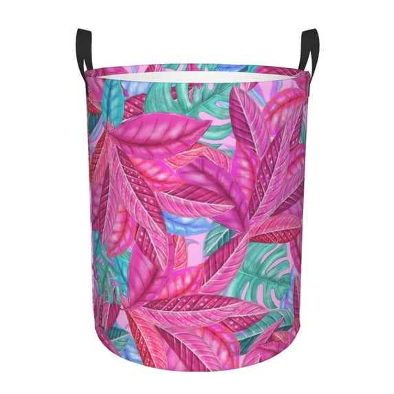XMXT Collapsible Laundry Basket, Magenta Tropical Botanical Print Waterproof Laundry Hamper, 40L Pink