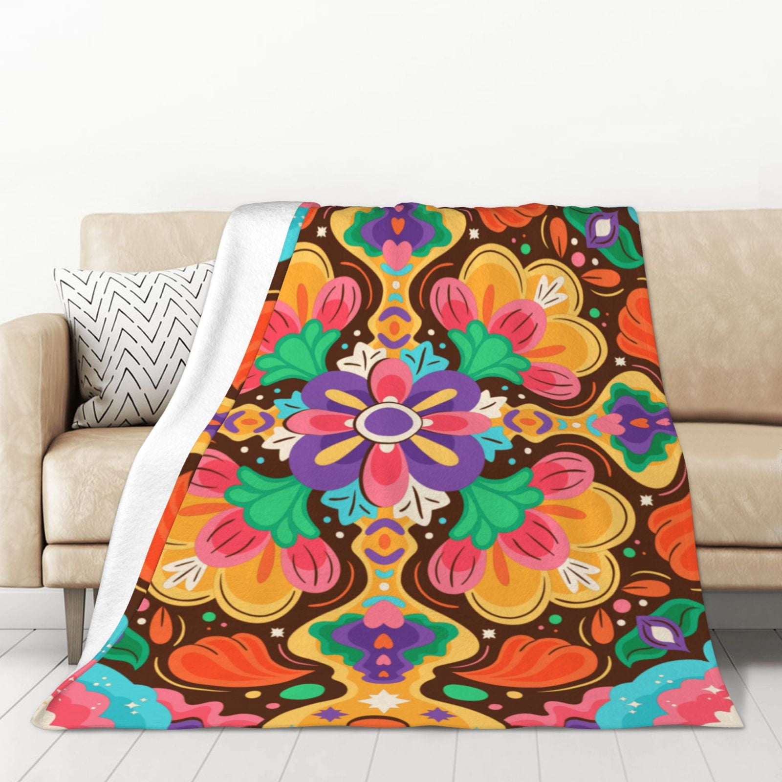 XMXT Flannel Throw Blanket, Cartoon Ethnic Floral Print Throw Blankets for Bed Couch Living Room ...