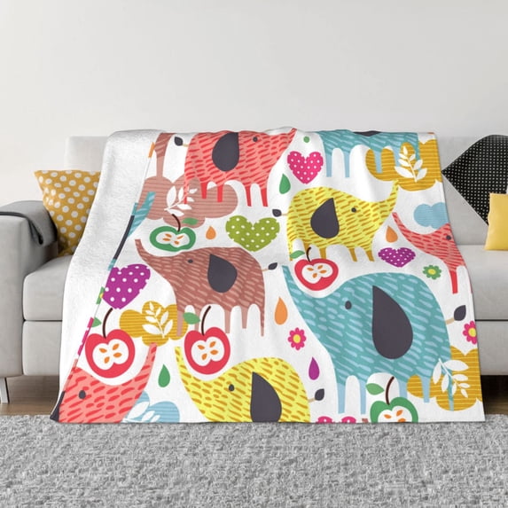 XMXT Flannel Throw Blanket for Couch, Colorful Cartoon Elephant Bed Sofa Decor Blankets for Home Bedroom, 80 x 60 inches