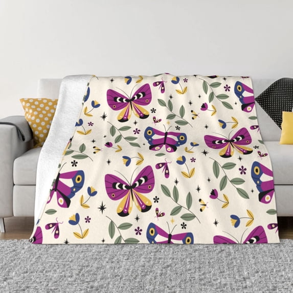 XMXT Flannel Throw Blanket for Couch, Crushed Purple Butterfly Bed Sofa Decor Blankets for Home Bedroom, 60 x 50 inches