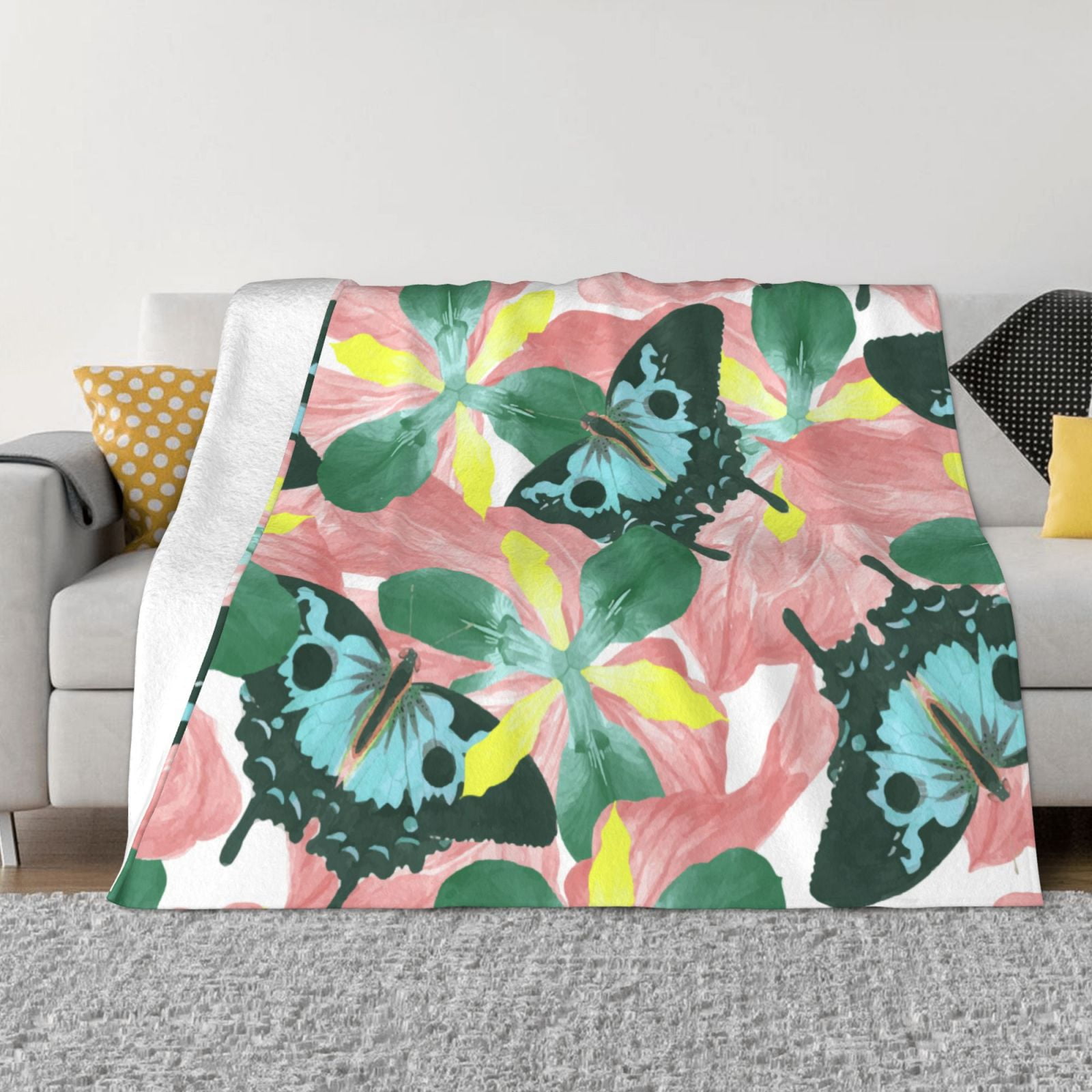 XMXT Flannel Throw Blanket for Couch, Floral Butterfly Background Bed