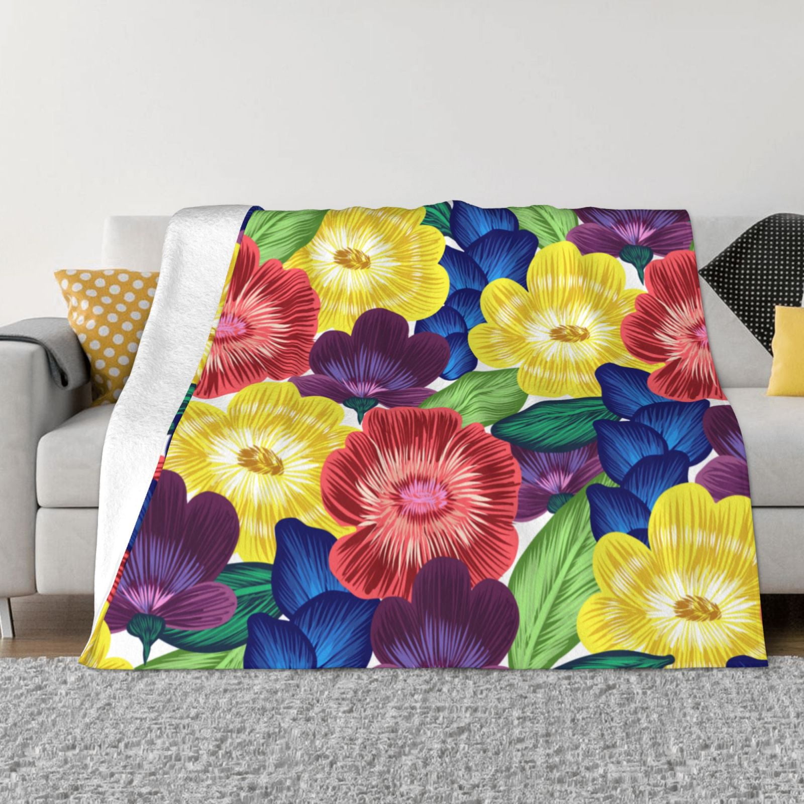 XMXT Flannel Throw Blanket for Couch, Flower Plant Embroidery Bed Sofa