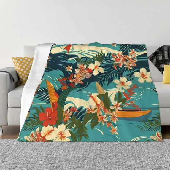 XMXT Flannel Throw Blanket for Couch, Hawaiian Surf Illustration Bed Sofa Decor Blankets for Home Bedroom, 60 x 50 inches