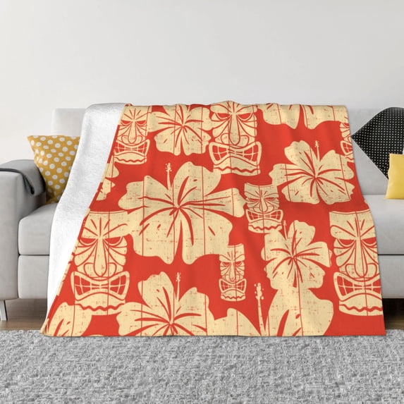 XMXT Flannel Throw Blanket for Couch, Orange Hawaiian Print Bed Sofa Decor Blankets for Home Bedroom, 50 x 40 inches
