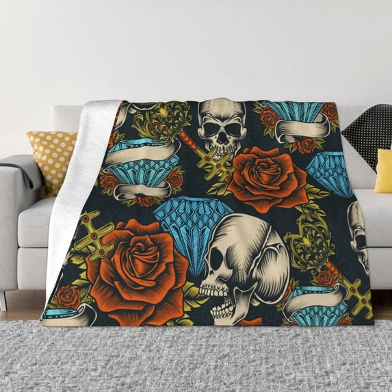 XMXT Flannel Throw Blanket for Couch, Warm Diamond Skull Rose Print Bed Sofa Decor Blankets for Home Bedroom, 50 x 40 inches