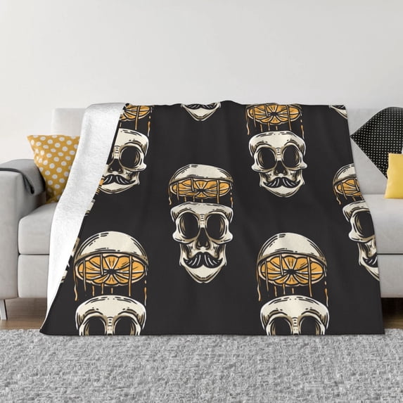 XMXT Flannel Throw Blanket for Couch, Warm Orange Skull Pattern Bed Sofa Decor Blankets for Home Bedroom, 80 x 60 inches