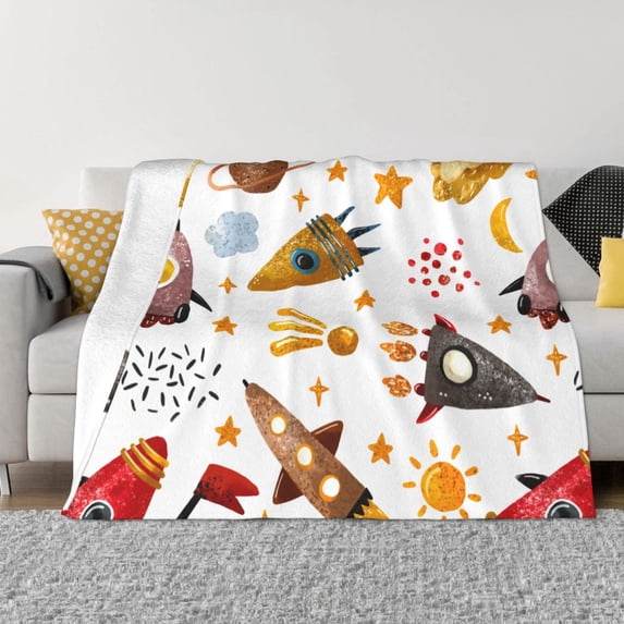 XMXT Flannel Throw Blanket for Couch, Warm Watercolor Cartoon Rocket Print Bed Sofa Decor Blankets for Home Bedroom, 50 x 40 inches