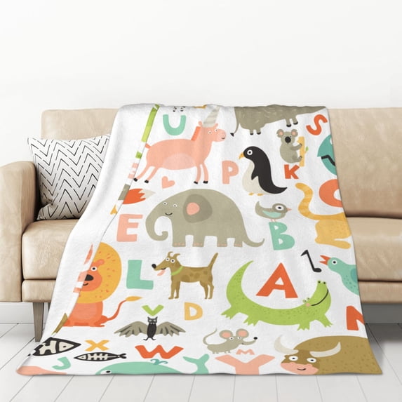 XMXT Flannel Warm Throw Blanket, Cute Animal Alphabet Bedroom Decor Blankets for Bed Couch Living Room, 50 x 70 inches