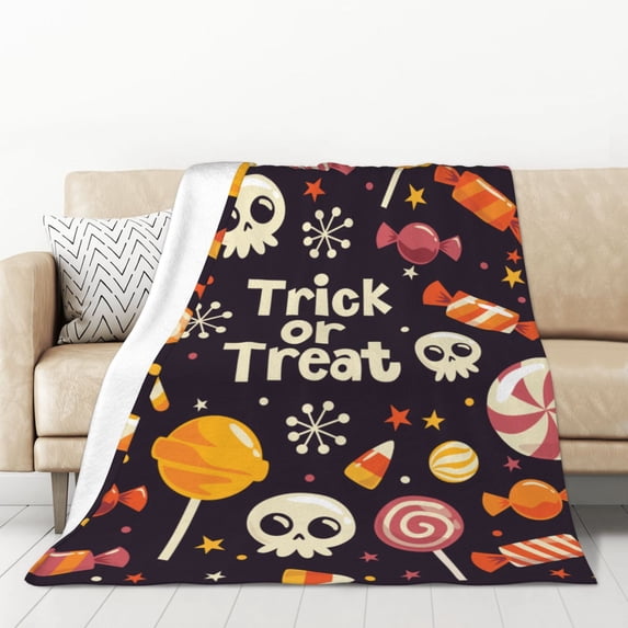 XMXT Flannel Warm Throw Blanket, Halloween Trick or Treat Print Bedroom Decor Blankets for Bed Couch Living Room, 50 x 70 inches