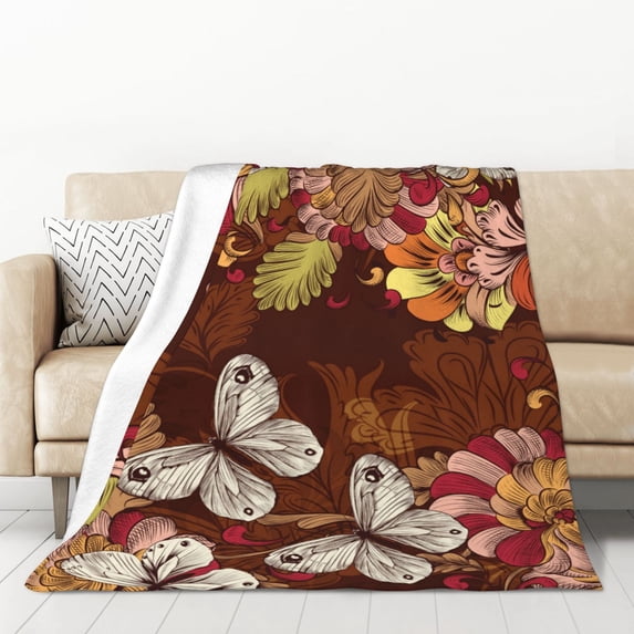 XMXT Flannel Warm Throw Blanket, Vintage Butterfly Floral Bedroom Decor Blankets for Bed Couch Living Room, 50 x 70 inches