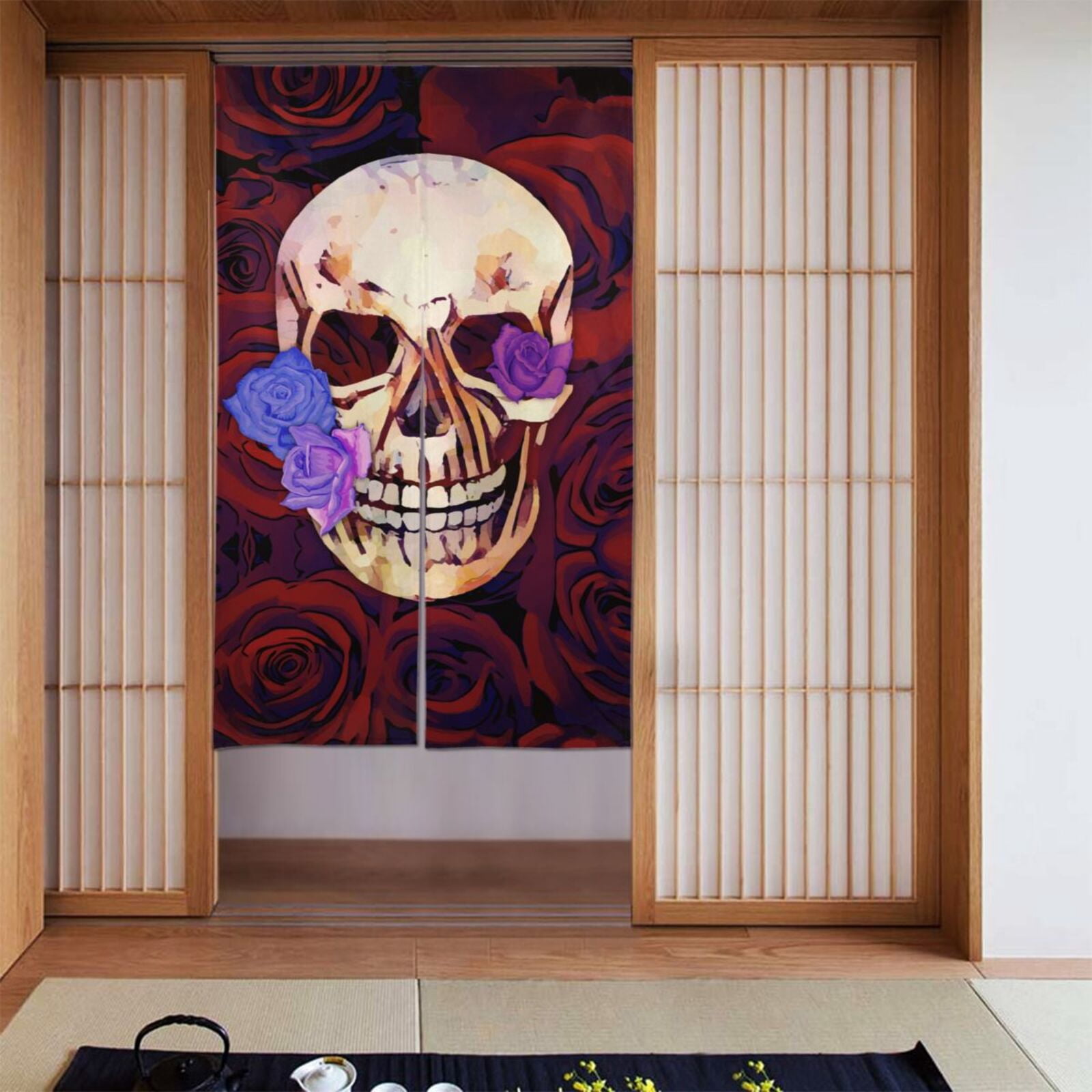 Xmxt japanese noren doorway room divider curtain aged rose skull