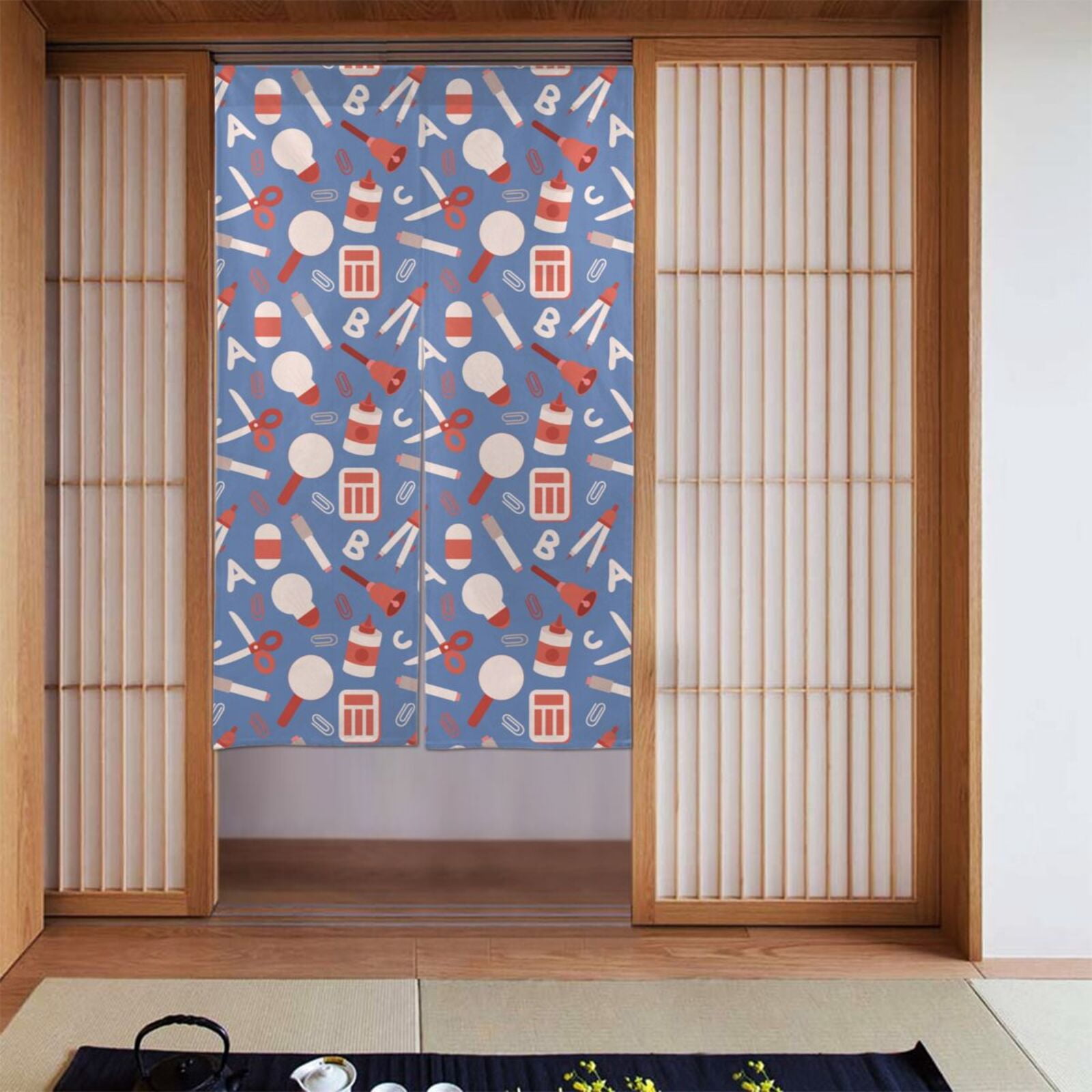 XMXT Japanese Noren Doorway Room Divider Curtain,Cartoon Stationery Blue Illustration Restaurant Closet Door Entrance Kitchen Curtains, 34 x 56 inches