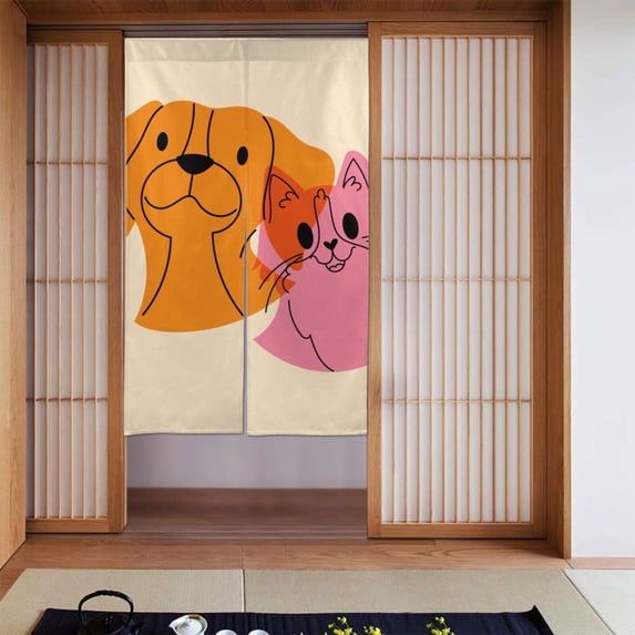 XMXT Japanese Noren Doorway Room Divider Curtain,Cat and Dog Color Patterns Restaurant Closet Door Entrance Kitchen Curtains, 34 x 56 inches