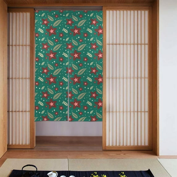 XMXT Japanese Noren Doorway Room Divider Curtain,Christmas Flower Green Prints Restaurant Closet Door Entrance Kitchen Curtains, 34 x 56 inches