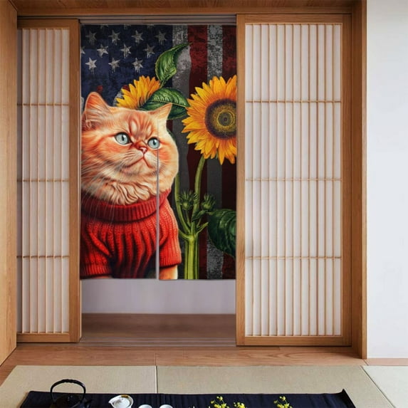 XMXT Japanese Noren Doorway Room Divider Curtain,Sunflower Cat Vintage Restaurant Closet Door Entrance Kitchen Curtains, 34 x 56 inches