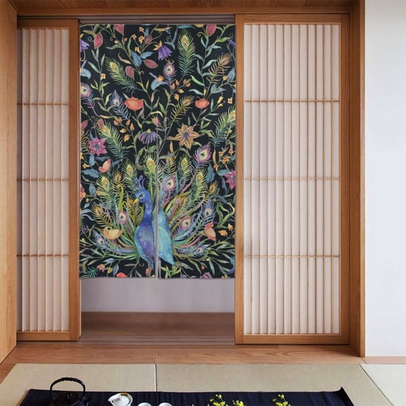 XMXT Japanese Noren Doorway Room Divider Curtain,Watercolor Flower Peacock Restaurant Closet Door Entrance Kitchen Curtains, 34 x 56 inches