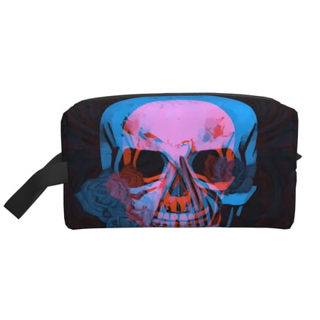 XMXT Large Capacity Makeup Bag, Aged Floral Skull Blue Print Storage Bags Travel Toiletry Cosmetic Bag for Women Men