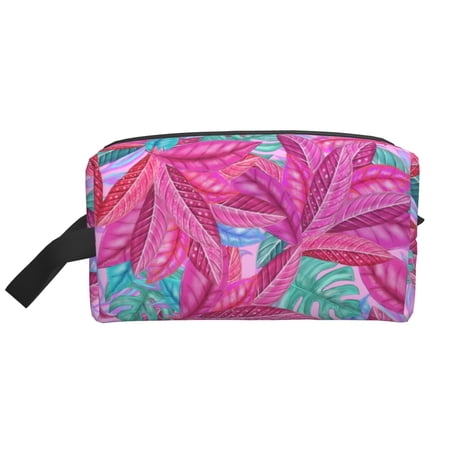 XMXT Large Capacity Makeup Bag, Magenta Tropical Botanical Print Storage Bags Travel Toiletry Cosmetic Bag for Women Men
