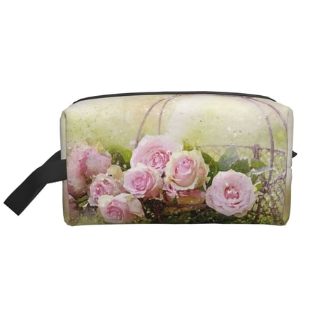 XMXT Large Capacity Makeup Bag, Watercolor Roses Basket Print Storage Bags Travel Toiletry Cosmetic Bag for Women Men