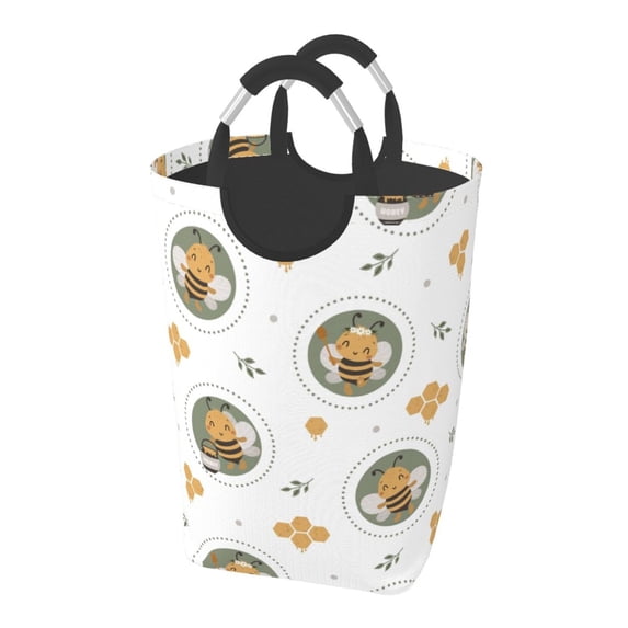 XMXT Large Collapsible Laundry Hamper, Cute Bee Honey Print Laundry Basket with Aluminum Handle, 50L Multicolor