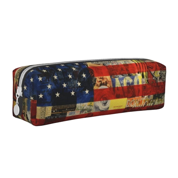 XMXT Leather Pencil Case, American Flag Art Print Large Capacity Pencil Pouch for Student Teens Women
