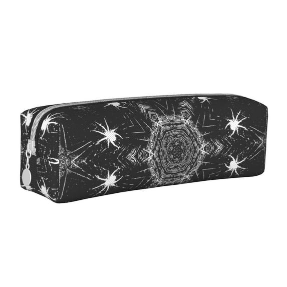 XMXT Leather Pencil Case, Black Spider Web Pattern Large Capacity Pencil Pouch for Student Teens Women